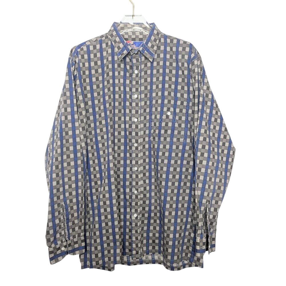 Vintage 70's Gray Blue Check Plaid Long Sleeve Button Up Shirt Front Pocket L